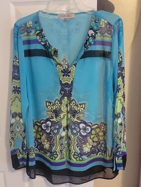 Figueroa & flower SzLg Sheer Turquoise Printed V-Neck Beaded Tunic Top